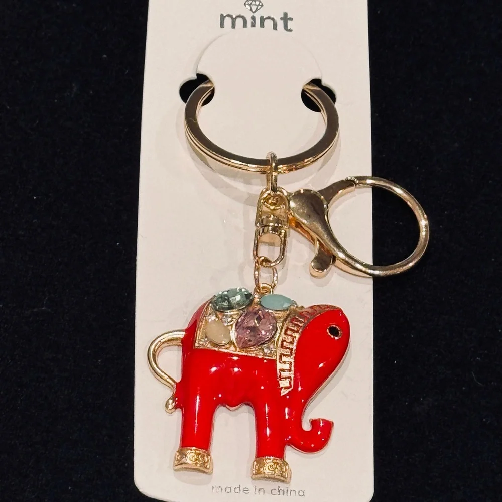 BAG CHARM Mint Jeweled Lucky Elephant Keychain - Red Gold Tone NWT